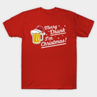 Merry Drunk I'm Christmas Funny Beer Drinker Santa Hat T-Shirt